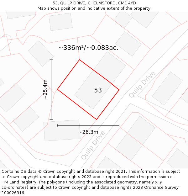 53, QUILP DRIVE, CHELMSFORD, CM1 4YD: Plot and title map