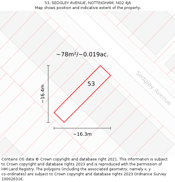 53, SEDGLEY AVENUE, NOTTINGHAM, NG2 4JA: Plot and title map