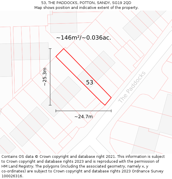 53, THE PADDOCKS, POTTON, SANDY, SG19 2QD: Plot and title map