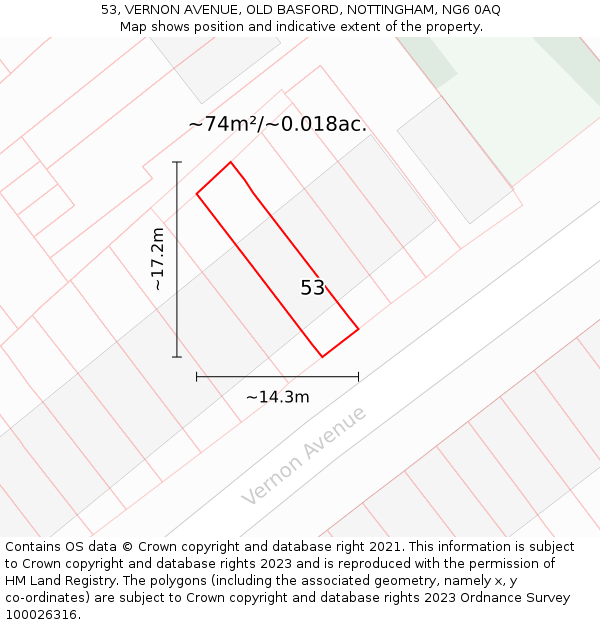 53, VERNON AVENUE, OLD BASFORD, NOTTINGHAM, NG6 0AQ: Plot and title map