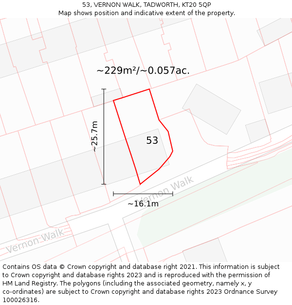 53, VERNON WALK, TADWORTH, KT20 5QP: Plot and title map