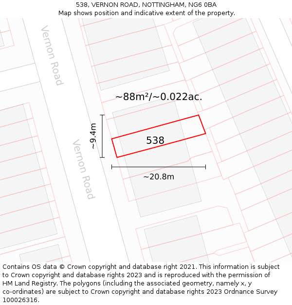538, VERNON ROAD, NOTTINGHAM, NG6 0BA: Plot and title map