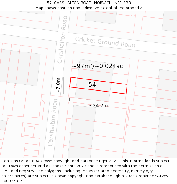 54, CARSHALTON ROAD, NORWICH, NR1 3BB: Plot and title map
