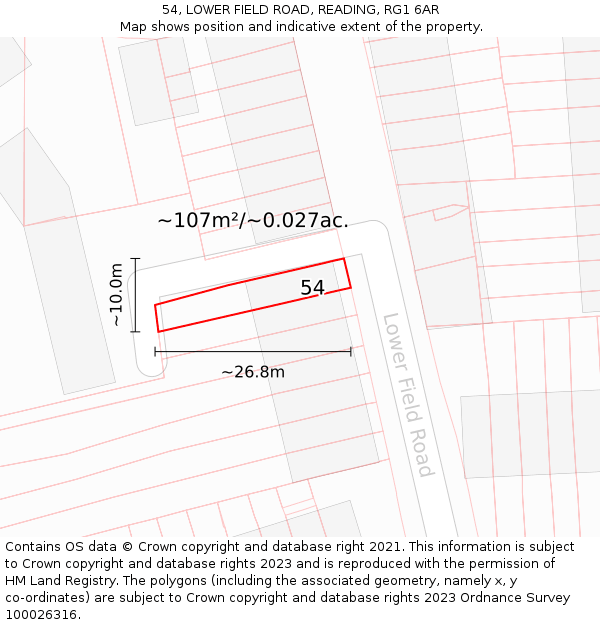54, LOWER FIELD ROAD, READING, RG1 6AR: Plot and title map