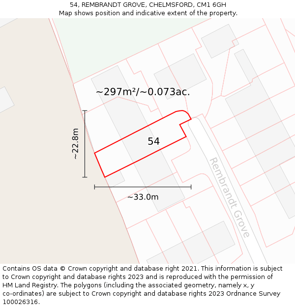 54, REMBRANDT GROVE, CHELMSFORD, CM1 6GH: Plot and title map