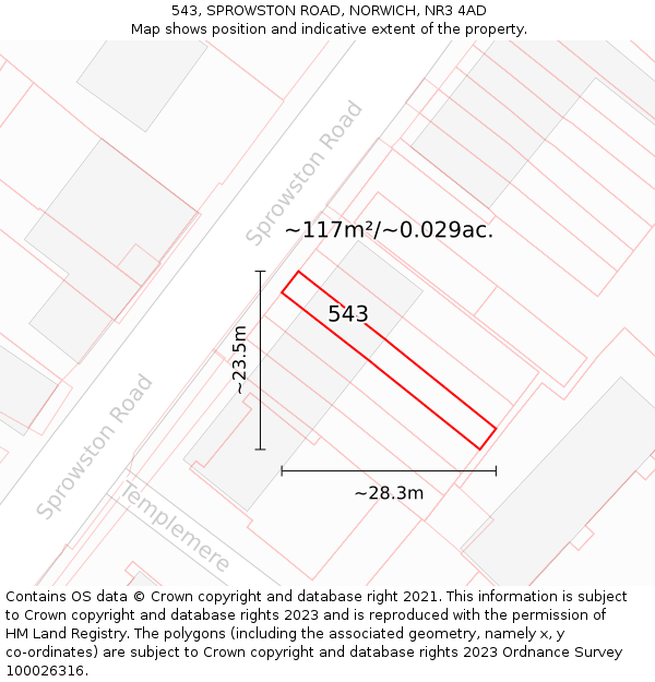 543, SPROWSTON ROAD, NORWICH, NR3 4AD: Plot and title map