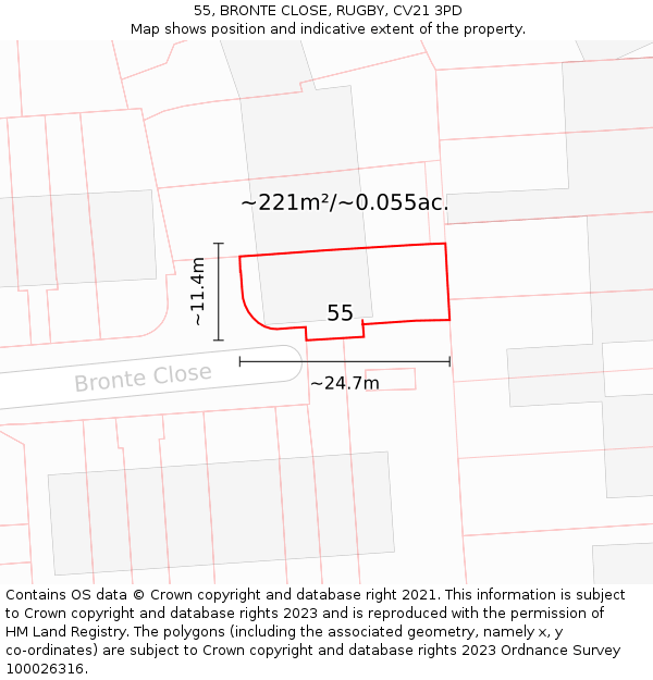 55, BRONTE CLOSE, RUGBY, CV21 3PD: Plot and title map