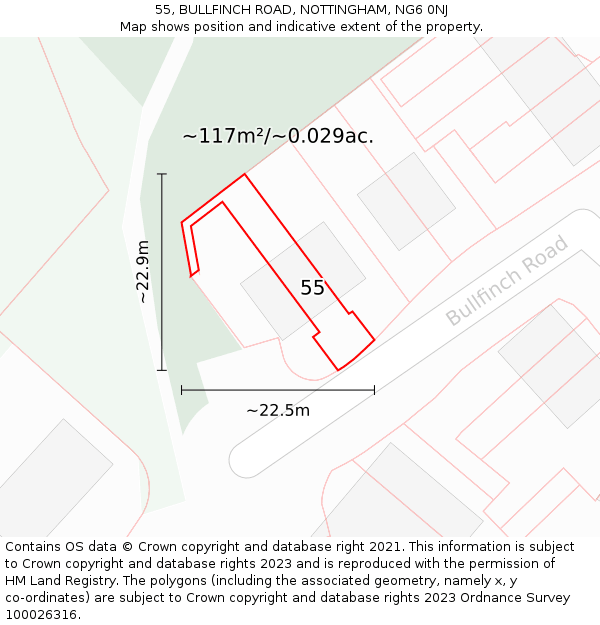55, BULLFINCH ROAD, NOTTINGHAM, NG6 0NJ: Plot and title map