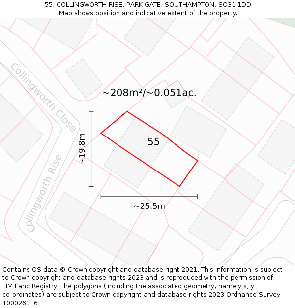 55, COLLINGWORTH RISE, PARK GATE, SOUTHAMPTON, SO31 1DD: Plot and title map