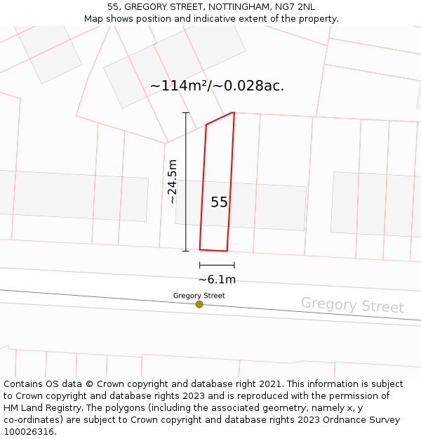 55, GREGORY STREET, NOTTINGHAM, NG7 2NL: Plot and title map