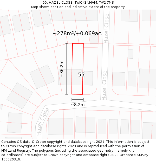 55, HAZEL CLOSE, TWICKENHAM, TW2 7NS: Plot and title map
