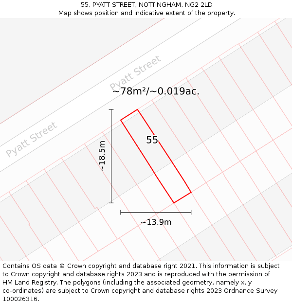 55, PYATT STREET, NOTTINGHAM, NG2 2LD: Plot and title map