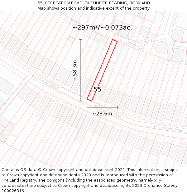 55, RECREATION ROAD, TILEHURST, READING, RG30 4UB: Plot and title map