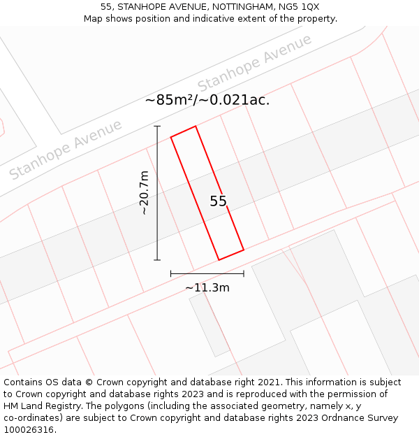 55, STANHOPE AVENUE, NOTTINGHAM, NG5 1QX: Plot and title map