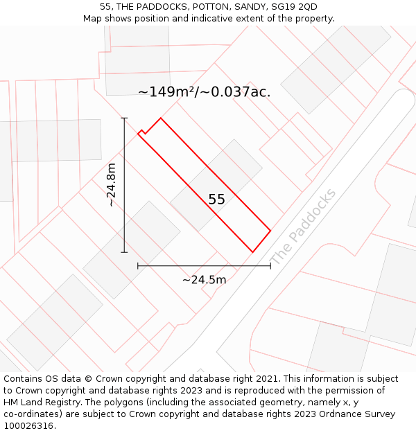 55, THE PADDOCKS, POTTON, SANDY, SG19 2QD: Plot and title map
