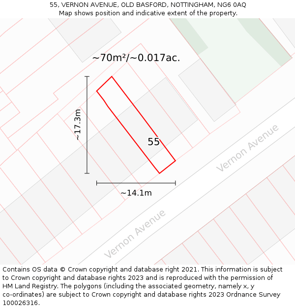 55, VERNON AVENUE, OLD BASFORD, NOTTINGHAM, NG6 0AQ: Plot and title map