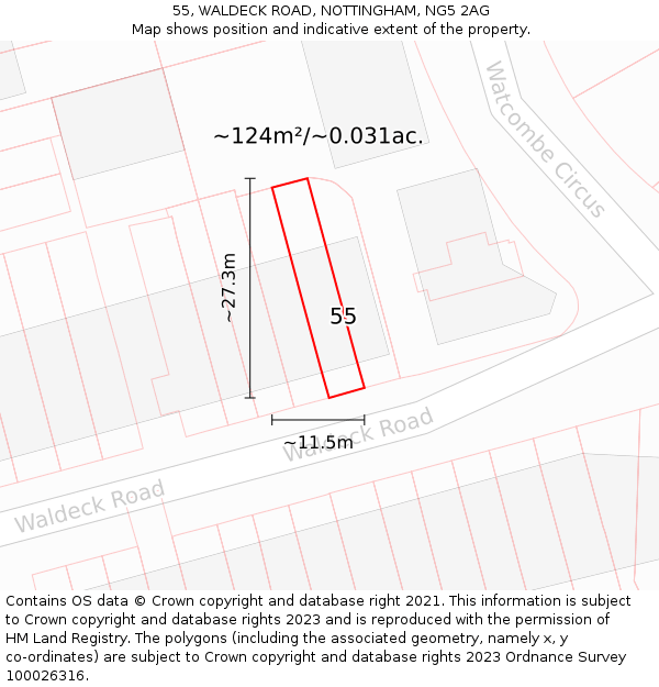 55, WALDECK ROAD, NOTTINGHAM, NG5 2AG: Plot and title map