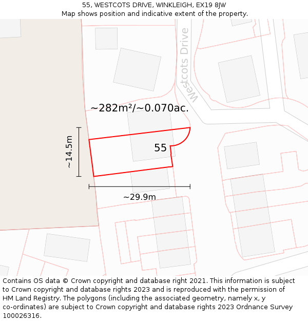 55, WESTCOTS DRIVE, WINKLEIGH, EX19 8JW: Plot and title map