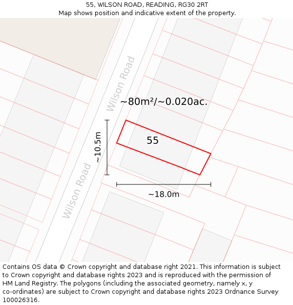55, WILSON ROAD, READING, RG30 2RT: Plot and title map