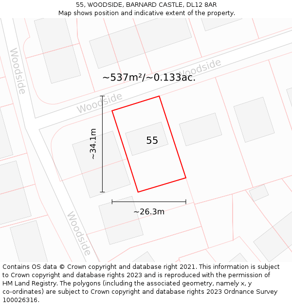55, WOODSIDE, BARNARD CASTLE, DL12 8AR: Plot and title map