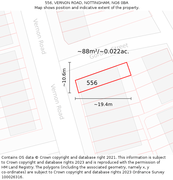 556, VERNON ROAD, NOTTINGHAM, NG6 0BA: Plot and title map