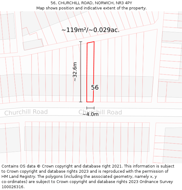 56, CHURCHILL ROAD, NORWICH, NR3 4PY: Plot and title map