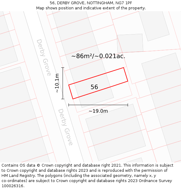 56, DERBY GROVE, NOTTINGHAM, NG7 1PF: Plot and title map