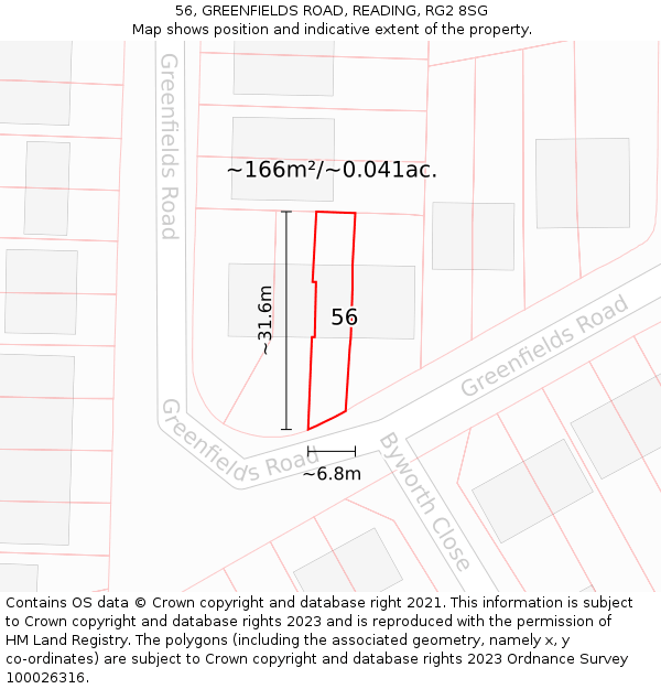 56, GREENFIELDS ROAD, READING, RG2 8SG: Plot and title map
