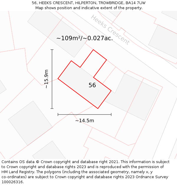 56, HEEKS CRESCENT, HILPERTON, TROWBRIDGE, BA14 7UW: Plot and title map
