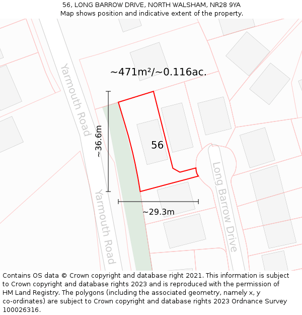 56, LONG BARROW DRIVE, NORTH WALSHAM, NR28 9YA: Plot and title map