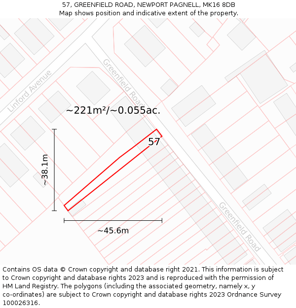 57, GREENFIELD ROAD, NEWPORT PAGNELL, MK16 8DB: Plot and title map