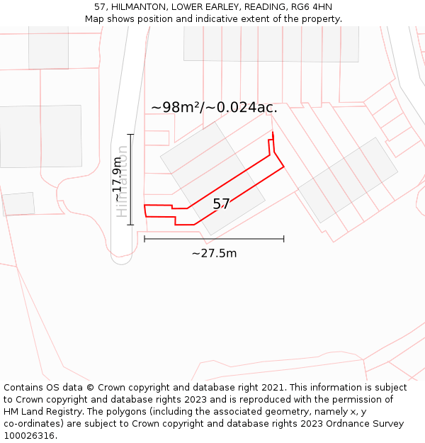 57, HILMANTON, LOWER EARLEY, READING, RG6 4HN: Plot and title map