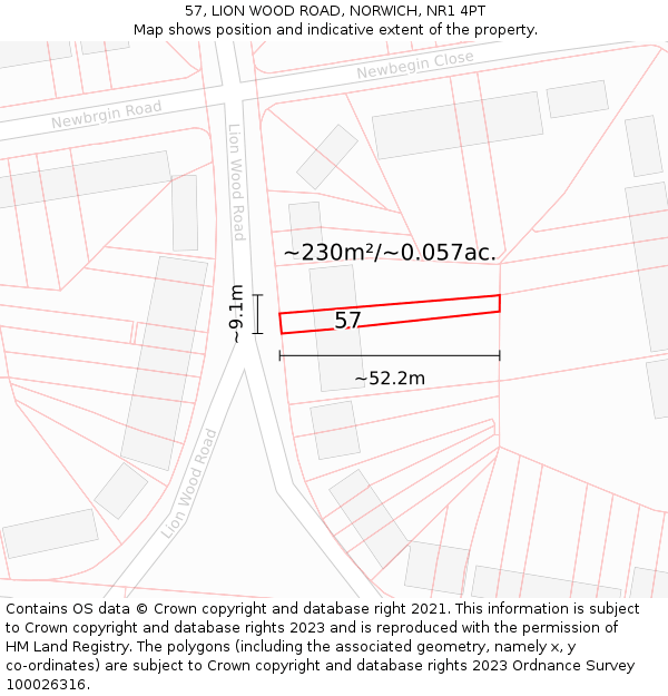 57, LION WOOD ROAD, NORWICH, NR1 4PT: Plot and title map