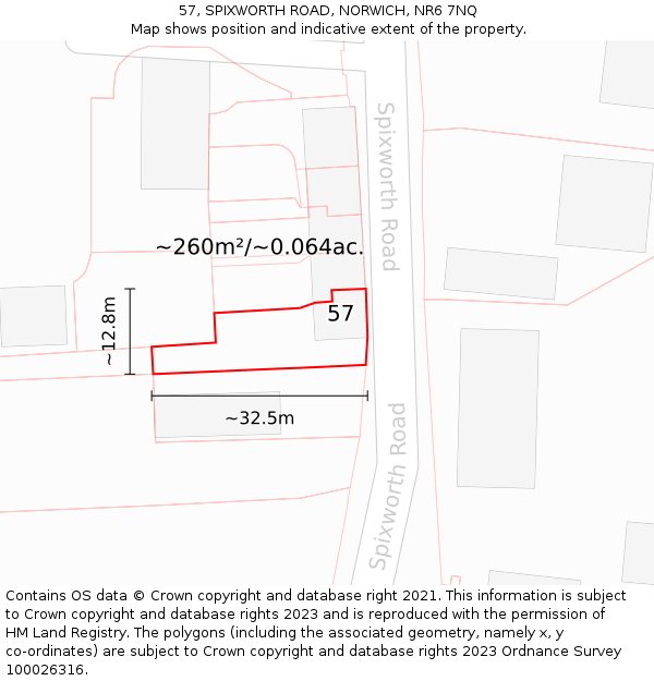 57, SPIXWORTH ROAD, NORWICH, NR6 7NQ: Plot and title map
