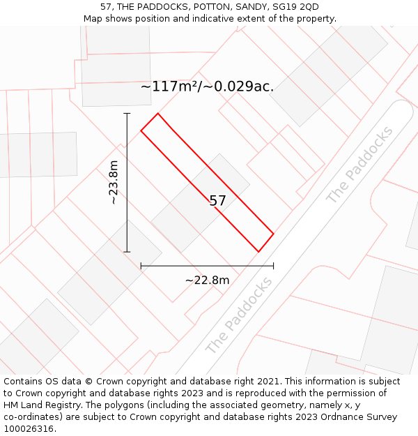 57, THE PADDOCKS, POTTON, SANDY, SG19 2QD: Plot and title map