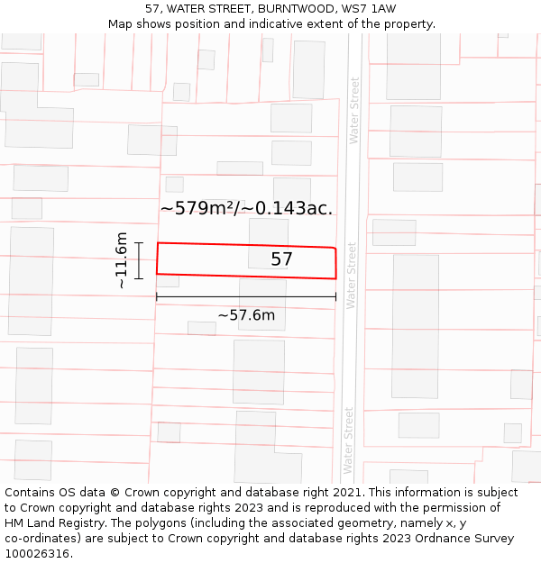 57, WATER STREET, BURNTWOOD, WS7 1AW: Plot and title map