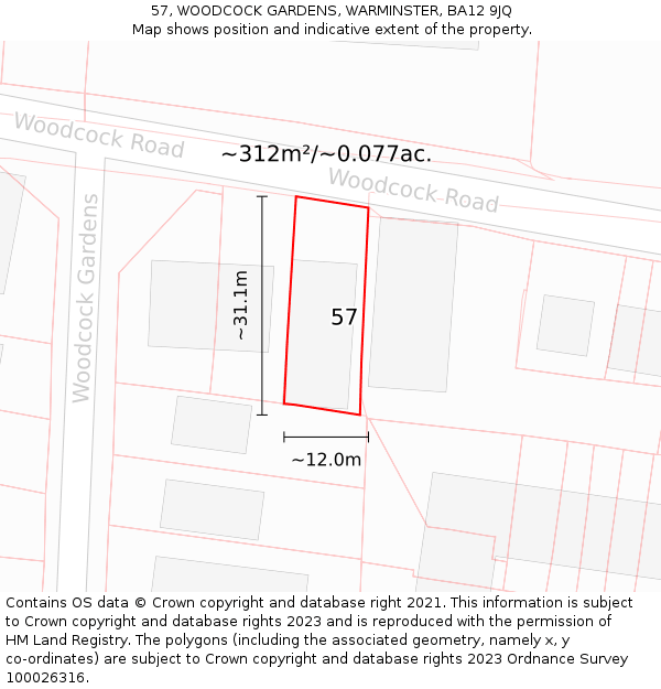 57, WOODCOCK GARDENS, WARMINSTER, BA12 9JQ: Plot and title map