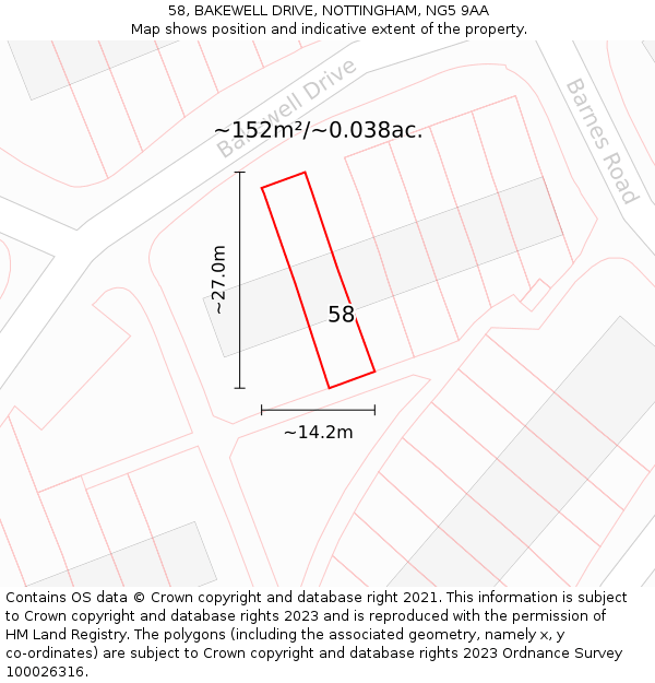58, BAKEWELL DRIVE, NOTTINGHAM, NG5 9AA: Plot and title map