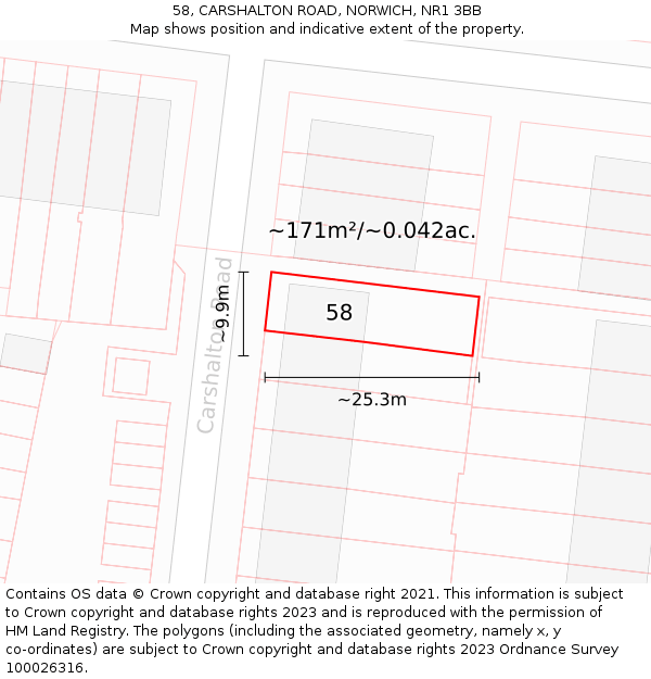 58, CARSHALTON ROAD, NORWICH, NR1 3BB: Plot and title map