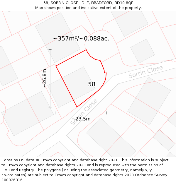 58, SORRIN CLOSE, IDLE, BRADFORD, BD10 8QF: Plot and title map