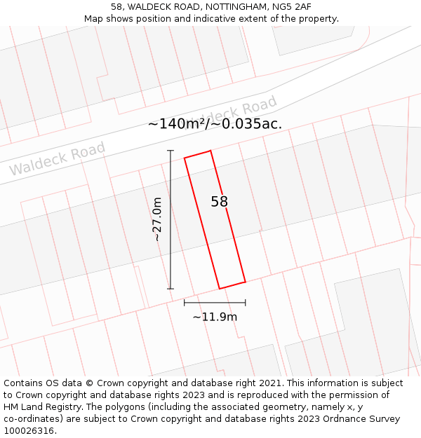58, WALDECK ROAD, NOTTINGHAM, NG5 2AF: Plot and title map