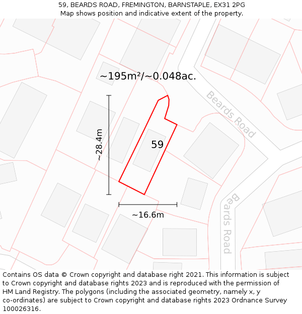 59, BEARDS ROAD, FREMINGTON, BARNSTAPLE, EX31 2PG: Plot and title map