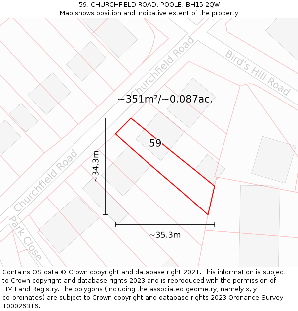 59, CHURCHFIELD ROAD, POOLE, BH15 2QW: Plot and title map