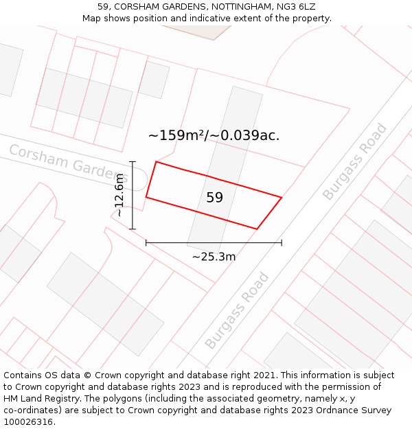 59, CORSHAM GARDENS, NOTTINGHAM, NG3 6LZ: Plot and title map