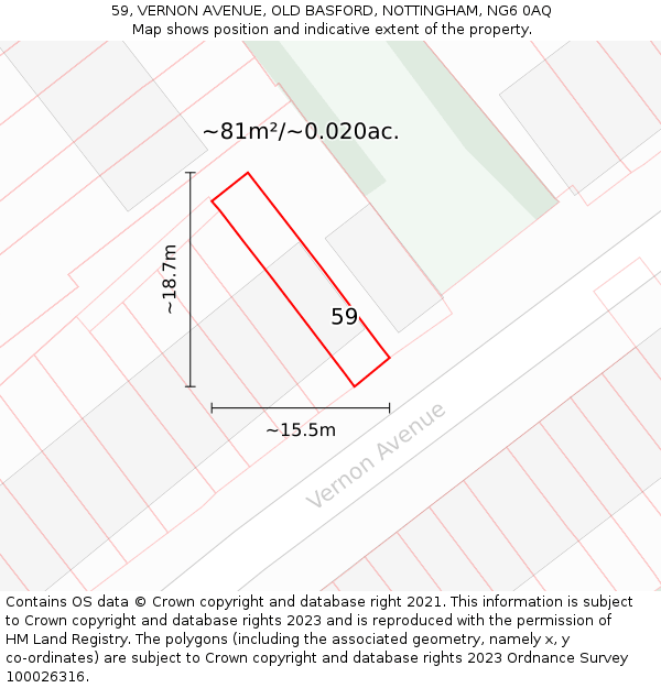 59, VERNON AVENUE, OLD BASFORD, NOTTINGHAM, NG6 0AQ: Plot and title map
