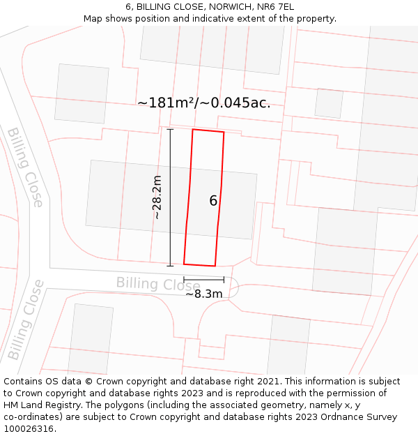 6, BILLING CLOSE, NORWICH, NR6 7EL: Plot and title map