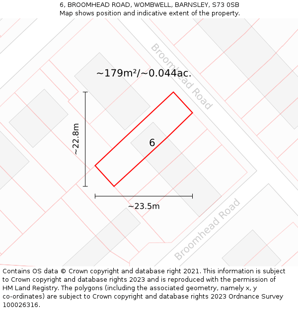6, BROOMHEAD ROAD, WOMBWELL, BARNSLEY, S73 0SB: Plot and title map