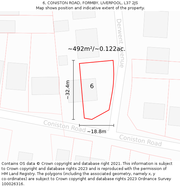 6, CONISTON ROAD, FORMBY, LIVERPOOL, L37 2JS: Plot and title map