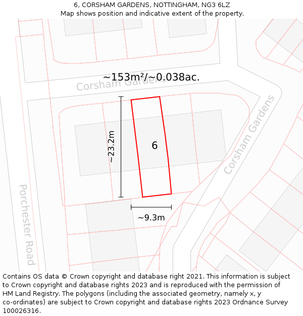 6, CORSHAM GARDENS, NOTTINGHAM, NG3 6LZ: Plot and title map