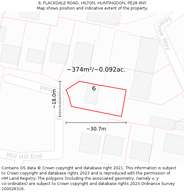 6, FLACKDALE ROAD, HILTON, HUNTINGDON, PE28 9NY: Plot and title map